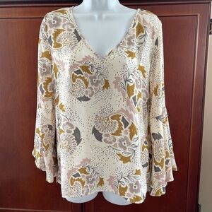kenar boho printed floral long bell sleeve blouse